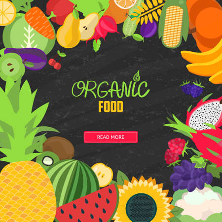 Farm product typographic poster with black chalkboard background. Color decorative frame composed of fruits and vegetables.のイラスト素材