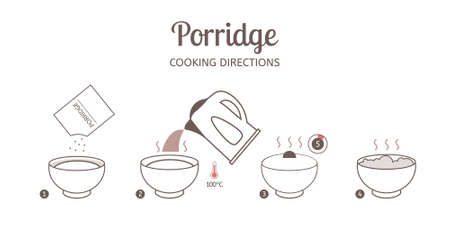 Porridge cooking directions. Steps how to prepare porridge. Vector illustration.のイラスト素材