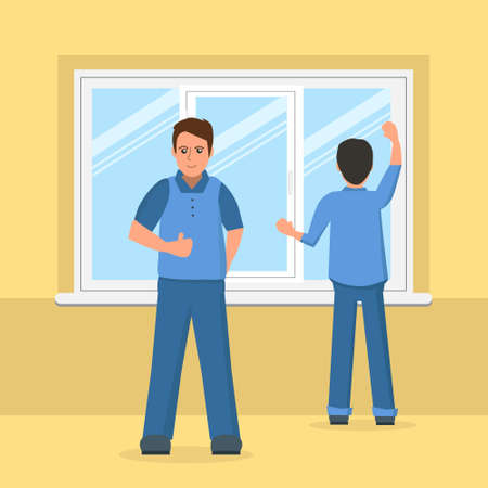 Workers installing plastic window. Plastic windows instalation business concept. Vector illustration with men instaling plastic window.のイラスト素材