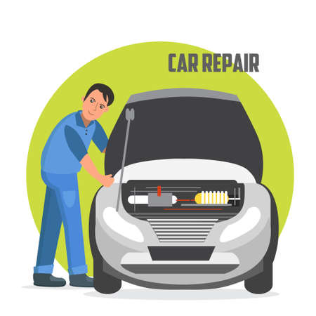 Flat horizontal banner for car repair services. Car service and repair vector banner. Auto service business concept illustration.のイラスト素材