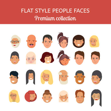 People faces vector set. Flat style heads premium collection. Men and women faces isolated on white background.のイラスト素材