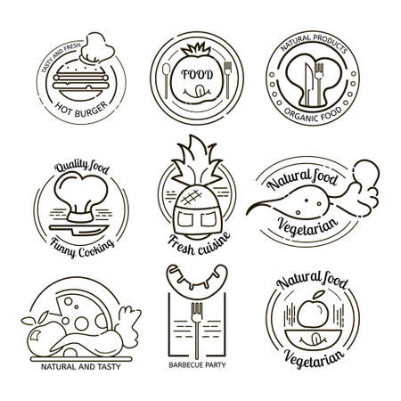 Restaurant logos and emblems set. Hand drawn logos premium collection. BBQ and vegetarian vector set.のイラスト素材