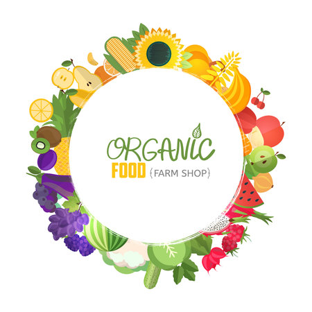 Organic food typographic poster background. Color decorative circle frame composed of fruits and vegetables.のイラスト素材