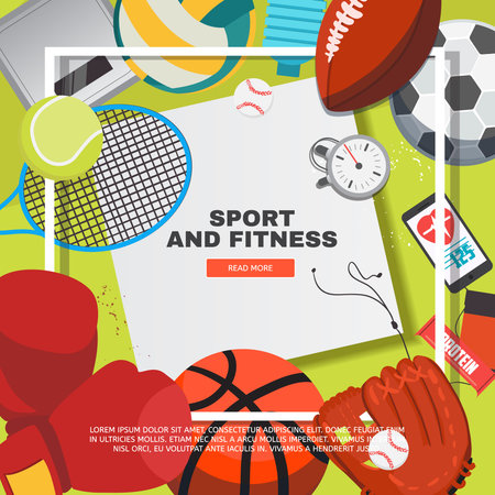 Sport equipment concept with competitive games accessories. Football, basketball, boxing, tennis, baseball, rugby, volleyball vector illustration.のイラスト素材