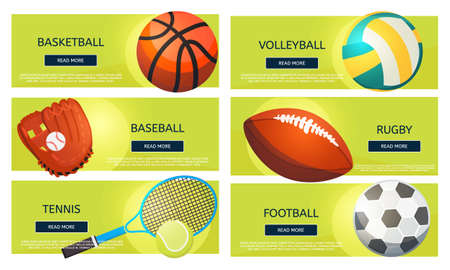 Sports balls and equipment icons of gaming accessories. Football, basketball, tennis, baseball, rugby, volleyball vector banners.のイラスト素材