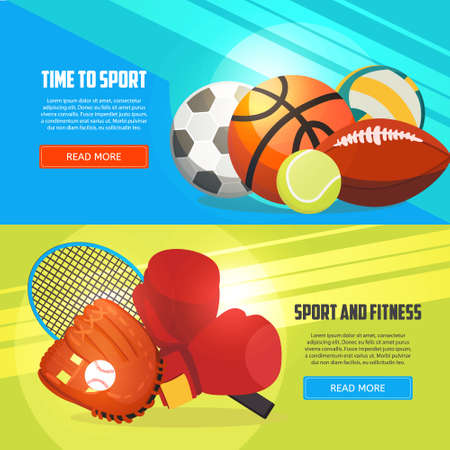 Sport and fitness horizontal banners. Football, basketball, boxing, tennis, baseball, rugby, volleyball vector illustration.のイラスト素材
