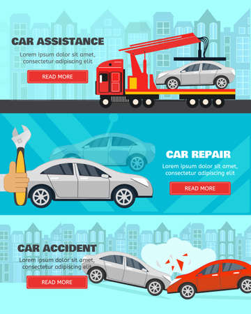 Banner set about car assistance on road, accidents and service. Flat style horizontal banners. Vector illusrtation.のイラスト素材