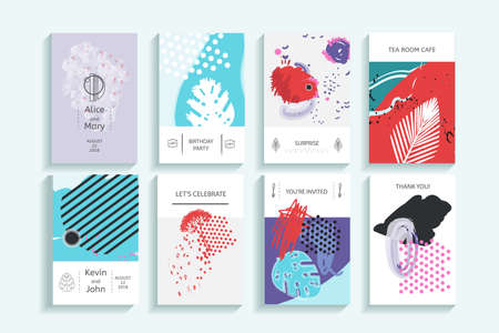 Collection of creative universal trendy cards. Hand Drawn textures. Modern Graphic Design for banner, poster, card, cover, invitation, placard, brochure, flyer. Vector isolated illustration.のイラスト素材