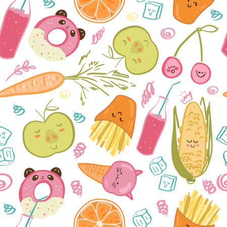 Cute food seamless pattern. Childish vector illustration. Food illustration for kids menu, wallpapper, clothes design and more.のイラスト素材