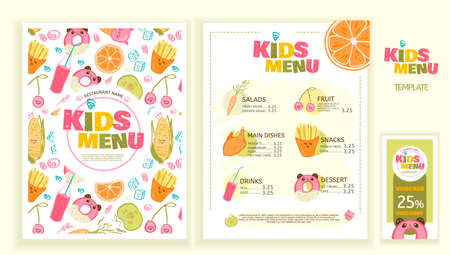 Cute colorful kids meal menu vector template. Funny snacks, fruits and vegetables. Menu design for restaurant, cafe and bar.のイラスト素材