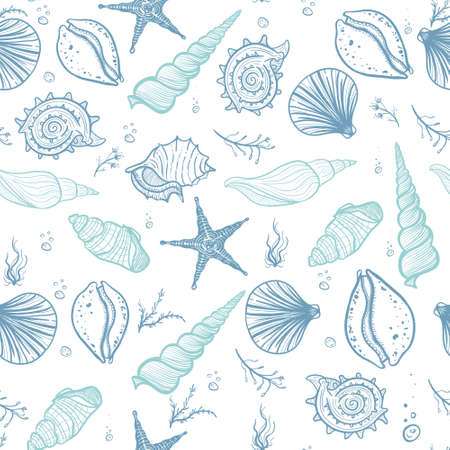 Seashells seamless pattern. Hand drawn doodle seashells, starfish, seaweed and corals. Creative seashells vector background.のイラスト素材