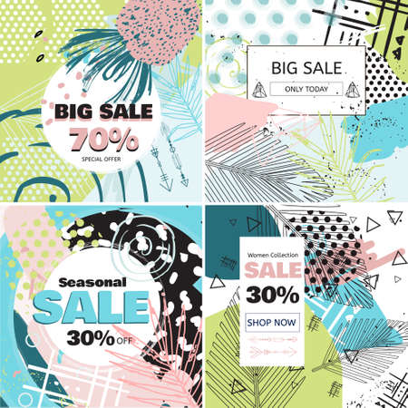 Fashion Sale and special offer concept card for online shopping. Social media sales banners set. Geometric background with palm leaves posters set.のイラスト素材