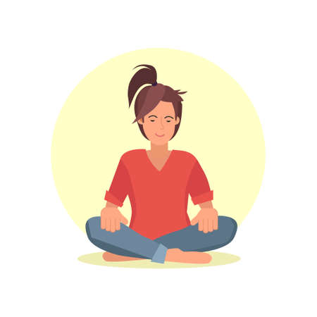 Beautiful woman in lotus pose. Vector illustration of woman doing yoga exercise. Cheerful mood, taking a break, working, studying, relaxation.のイラスト素材