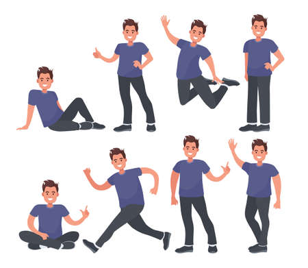 Guy in casual clothes in different poses. Set with a male character for your business project. Vector illustration in flat style. Modern design illustration.のイラスト素材