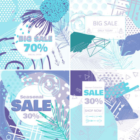 Fashion Sale and special offer concept card for online shopping. Winter style social media sales banners set. Geometric background with palm leaves posters set.のイラスト素材