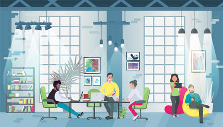 Coworking office concept design for web banners, infographics. Multicultural team works together in coworking place. Concept of the coworking center in flat style illustration.のイラスト素材