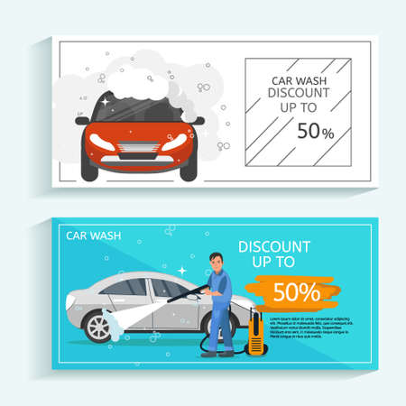 Discount offer flyer concept for car wash service. Man washing car vector illustration. Car wash concept with red sport car.のイラスト素材