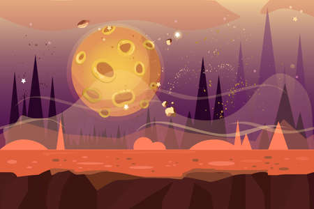 Seamless cartoon alien desert landscape. Vector unending background with ground, rocks, sand-dunes, planet and sky layers.のイラスト素材