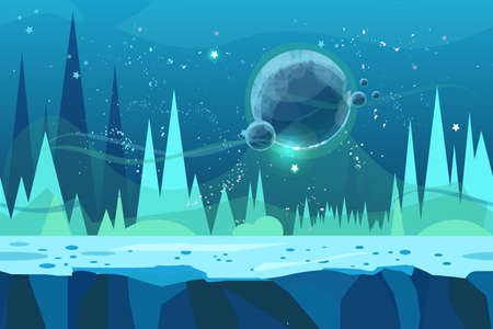 Seamless cartoon vector landscape for game. Ice desert concept illustration with planet. Vector illustration for your design.Ready for parallax effect.のイラスト素材
