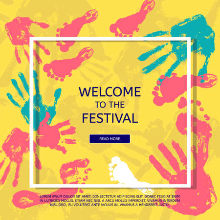 Hand print and footprint concept poster. Creative frame with watercolor hand prints. Web, poster, invitation, brochure, business card design idea.のイラスト素材