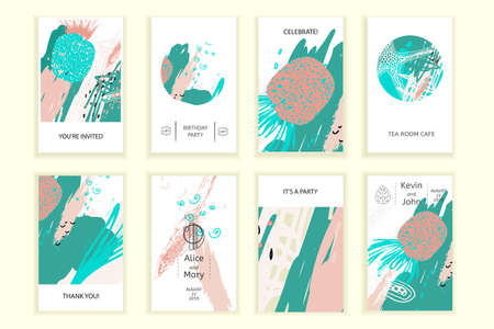 Universal abstract posters set. Creative geometric cards. Trendy creative abstract cards for wedding, anniversary, birthday, Valentin's day, party invitations, web, print.  のイラスト素材