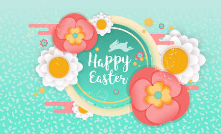 Happy Easter horizontal banner. Flyer design frame decorated with flowers. Vector illustration. Colorful Easter sale banner template with text, rabbit and flowers.のイラスト素材