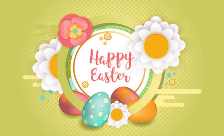 Happy Easter horizontal banner. Flyer design frame decorated with flowers and easter eggs. Vector illustration. Colorful Easter sale banner template with text, eggs and flowers.のイラスト素材