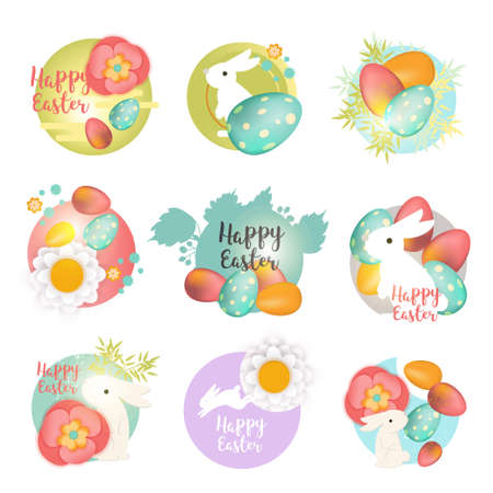 Set of Easter icons and stamps. Happy Easter icons with bunny, eggs and flowers. Easter holiday celebration concept illustration.のイラスト素材
