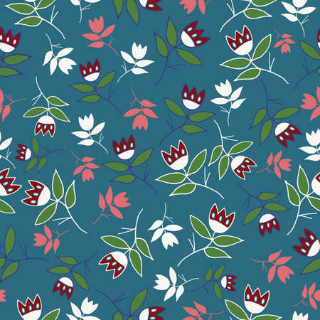 Vector Green winter folk florals seamless pattern background. Perfect for fabric, textiles, scrapbooking and wallpaper projects.のイラスト素材