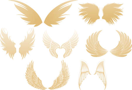 Set of various golden shimmering angel wings isolated on white backgroundのイラスト素材