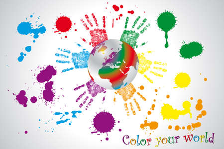 Color your world - globe framed by hands of children in various colorsのイラスト素材