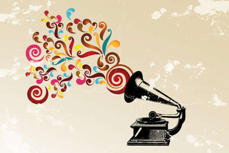 Abstract vintage background with record player and colorful swirls and grungeのイラスト素材