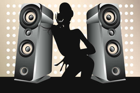 Dancing female DJ with loudspeaker on brilliant backgroundのイラスト素材