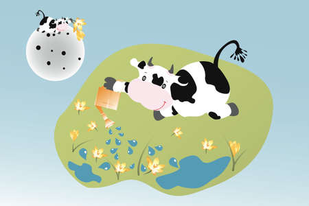 Cow on the moon - cow on earth watering crocus - illustrationのイラスト素材