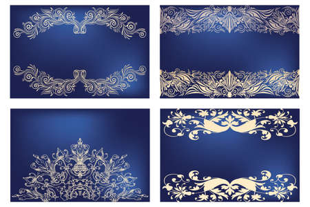 Set of floral golden vintage designs on deep-blue bannerのイラスト素材