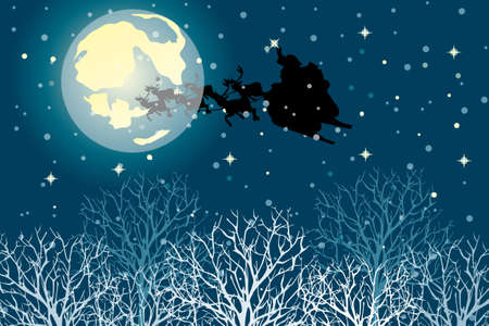 Santa claus in his sleigh under the moon on nightly sky with snowflakes an starsのイラスト素材