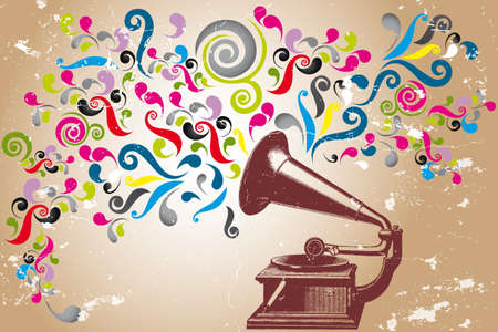 Vintage record player with abstract colorful swirlsのイラスト素材