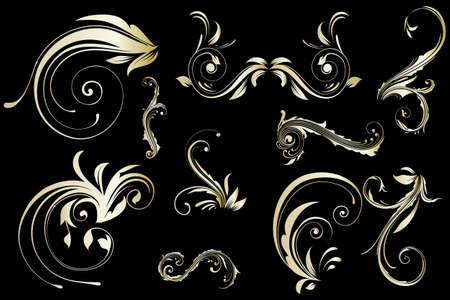 Golden floral vintage pattern isolated on black backgroundのイラスト素材