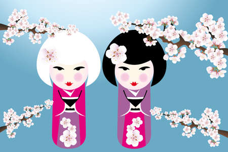 Cute japanese girls under cherry blossoms - illustrationのイラスト素材