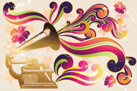 Retro vintage poster with record player, hibiscus, colorful waves and shapes, stars on grunge backgroundのイラスト素材