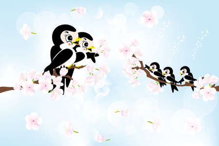 Spring greetings with swallow Family, singing in tree with cherry-blossoms のイラスト素材