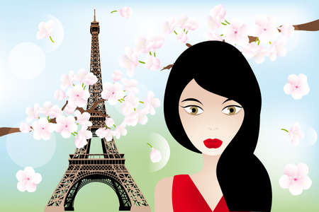 Unique  illustration with beautiful woman, Eiffel-towerand cherry-blossomsのイラスト素材