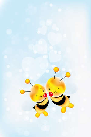 Card for lovers - Valentines Day with two cute bees and hearts on light blue background - with copy space のイラスト素材