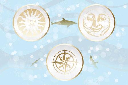 Abstract retro illustration with sun, moon and wind rose on ocean background のイラスト素材