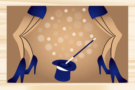 Legs of girls in blue high heels and mini skirts , in the middle a blue hat and wand, cabaret retro illustration - eps 10 vectorsのイラスト素材