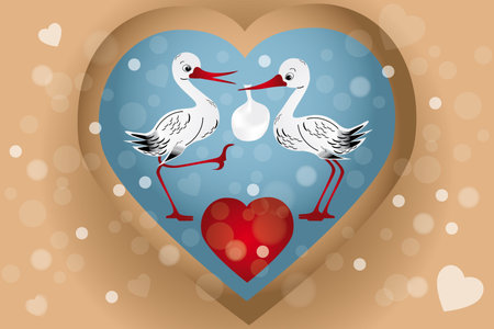 Two cute storks with bag  baby arrival  illustration with hearts, bubbles in retro look - eps 10 vectorsのイラスト素材