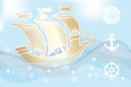 Illustration of a golden ship sailing in ocean  with waves and foam  - eps 10 vectorsのイラスト素材