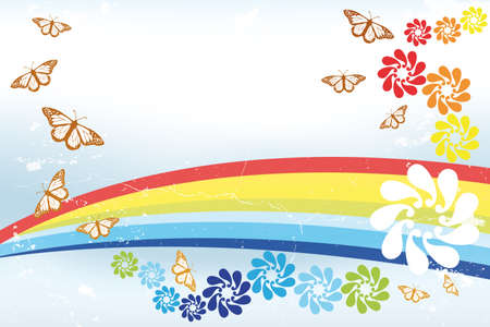 Abstract spring Background with rainbow, butterflies and fantasy flowers - illustrationのイラスト素材