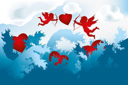 Sea of love - cupids on heart hunting  falling hearts drowning  - abstract illustrationのイラスト素材