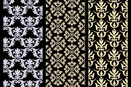 Set of 3 Victorian seamless pattern isolated on black - for textile designers maybe usefulのイラスト素材